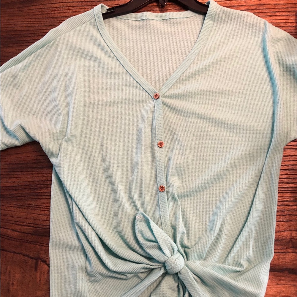 Aqua button down tie up shirt